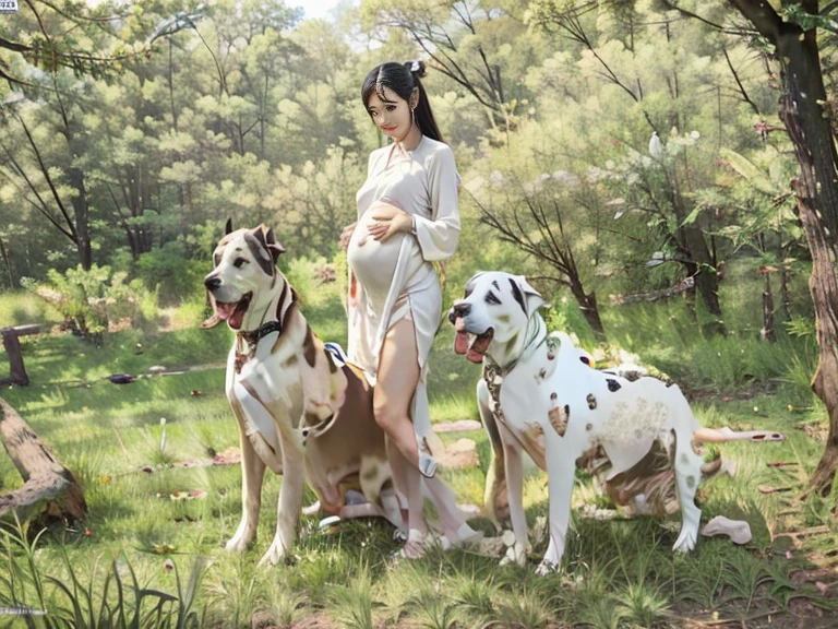 （DVD jacket）、A commemorative photo of a pregnant woman and her dog 、8k,  super A high resolution ,  best quality , masterpiece:1.2)、8k、 Great Dane behind a pregnant Japanese woman standing on all fours、 super A high resolution 、top-quality、 dark-haired girl mating with a Great Dane , I laugh shyly, large dog posing with a 7-month-pregnant , A pregnant woman mates with a Grand Dane dog ,Staring at the dog, A commemorative photo of a pregnant woman and a Great Dane dog is taken in Japan 、(nsfw)