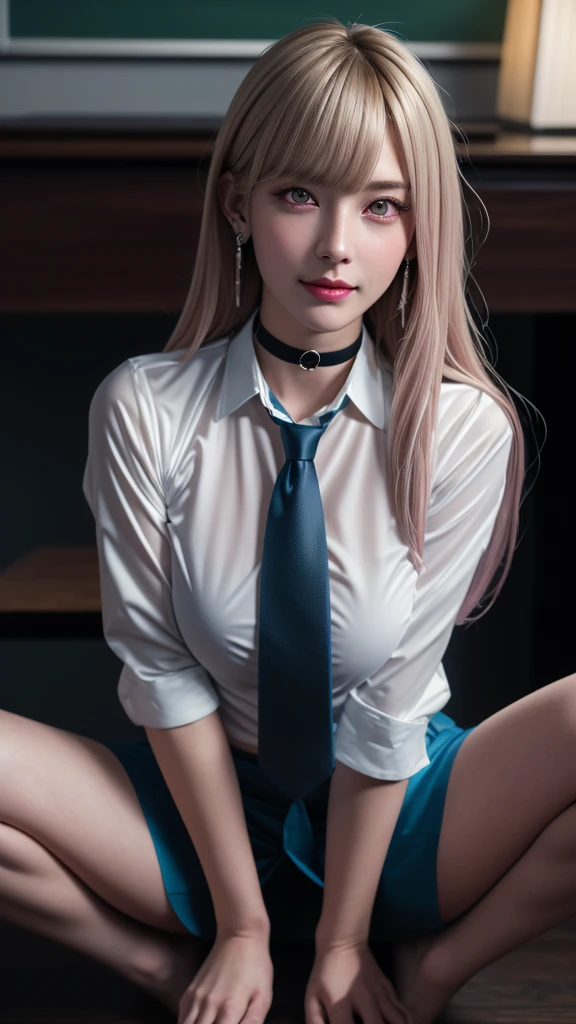 Mix 4, (8k, RAW Photos, Highest quality, masterpiece: 1.45), (Realistic, photoRealistic: 1.37), kitagawa marin,  (Blonde, Pink gradient hair), ((Long Hair, Sink bangs,Colorful Hair, Red eyes)),Pose like a model,Japanese women, ,high School student、Model body type, (Big Breasts:1.3), Narrow waist, Beautiful Face, Beautiful Eyes, Multiple simple dot earrings on earlobe, Cartilage rod piercing, White shirt, Shirt with tie, Black choker,  Blue tie, Checked skirt, カウボーイshot, inside the School、classroom、hight School, 1 girl, alone, Detailed face and eyes, Upper body photo. Realistic, Realistic.Marin Gyaru,School_uniform, Embarrassed look, (((( M-shaped feet, please look )))), (Please spread your legs wide and show me: 1.5), Real nipples, Genuine open, Browsing Caution, (erupt from pussy:1.2),(erupt:1.2),(A puddle of pussy juice:1.15)(smile:0.7)、((shot))、((Crotch close-up:1.2))、((Pictures that emphasize pussy))、Real Pussy