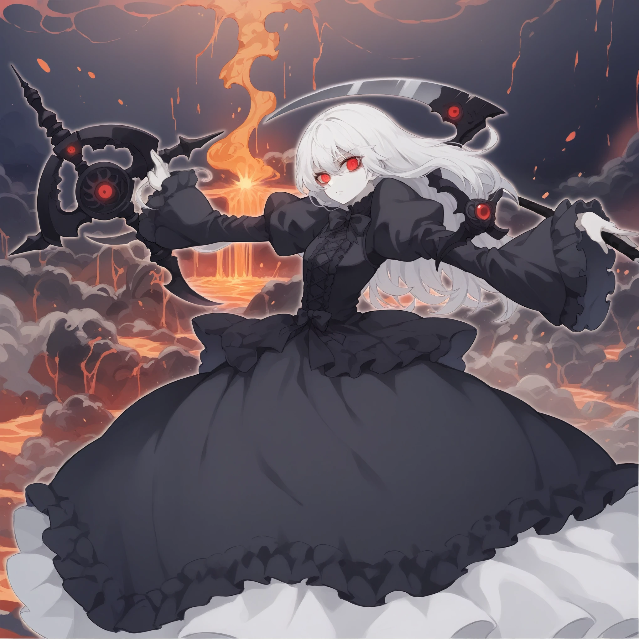 anime girl, solo, 4k absurdres, illustration, yugioh artstyle, glowing outline, gothic ****ta, black clothing, pale skin, white hair, red eyes, dynamic pose, white scythe, holding scythe, dark void background,moon,open  palm, lava background, flames