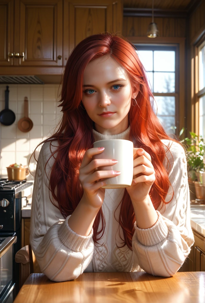 Close-up, portrait, LeannaDecker, ((wear a sweater)), inside, portrait, kitchen, holding a coffee mug, winter fire, eyes are open, Best quality, upper body, Photo by Lee Jeffries Nikon D850 4 Camera Kodak 400 f1.6 lenses rich colors hyper-realistic realistic textures natural lighting unreal engine trending on artstation cinestill 800, (Lens 100mm), long hair,, Red hair 