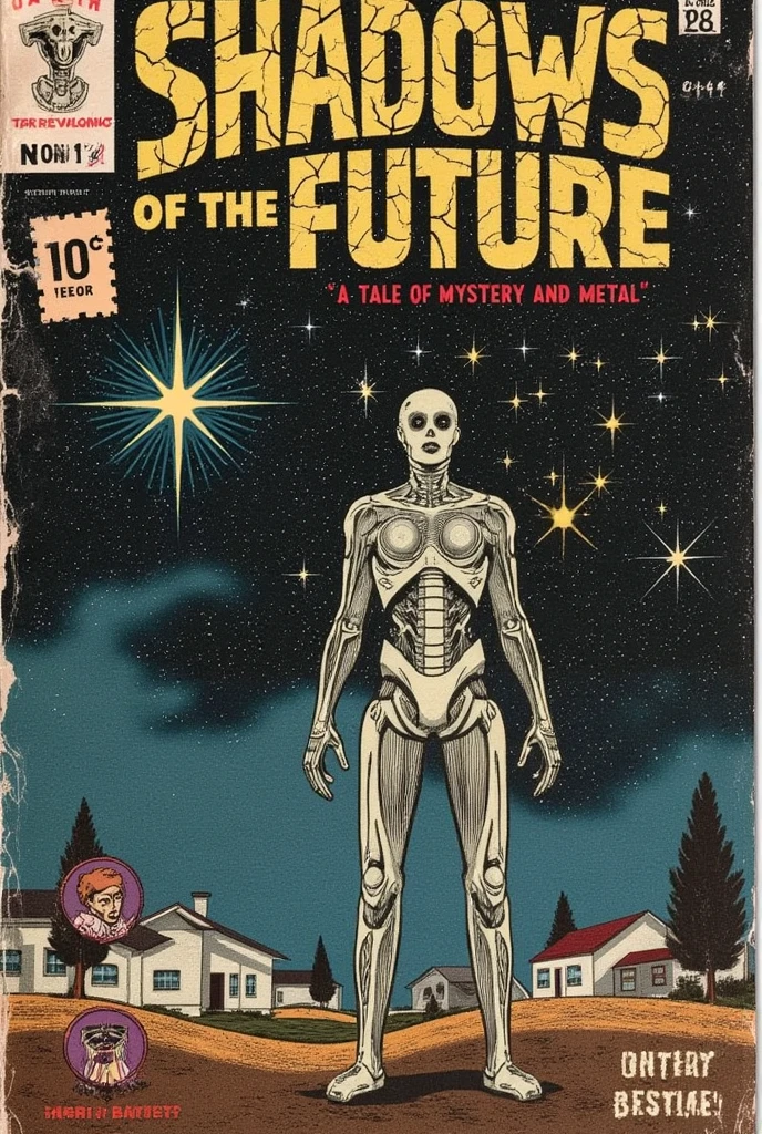 Vintage comic book cover in the style of the 1940s, featuring a lifeless Ciri-Terminator hybrid character at the center. The character stands in sharp focus, showcasing an eerie yet intriguing blend of organic and mechanical features. The sky above is filled with shimmering stars, creating a cosmic backdrop. The scene is captured in a very wide view, emphasizing the isolation of the character against a vast, dark-blueish hue. The tonality shifts from dark and distorted to subtle hints of heartwarming elements, suggesting a deeper narrative. The title at the top reads 'SHADOWS OF THE FUTURE' in bold, cracked letters, with a subtitle below stating 'A Tale of Mystery and Metal.' Additional captions on the sides highlight 'What Lies Beneath?' and 'Unravel the Secrets!' in distressed fonts. The bottom corner features a price tag of '10¢,' with the issue number 'No. 18' and the month 'December.' The cover has worn edges, a grainy texture, and vintage printing imperfections, evoking the classic feel of a 1940s comic book while blending in elements of Japanese mystery fiction