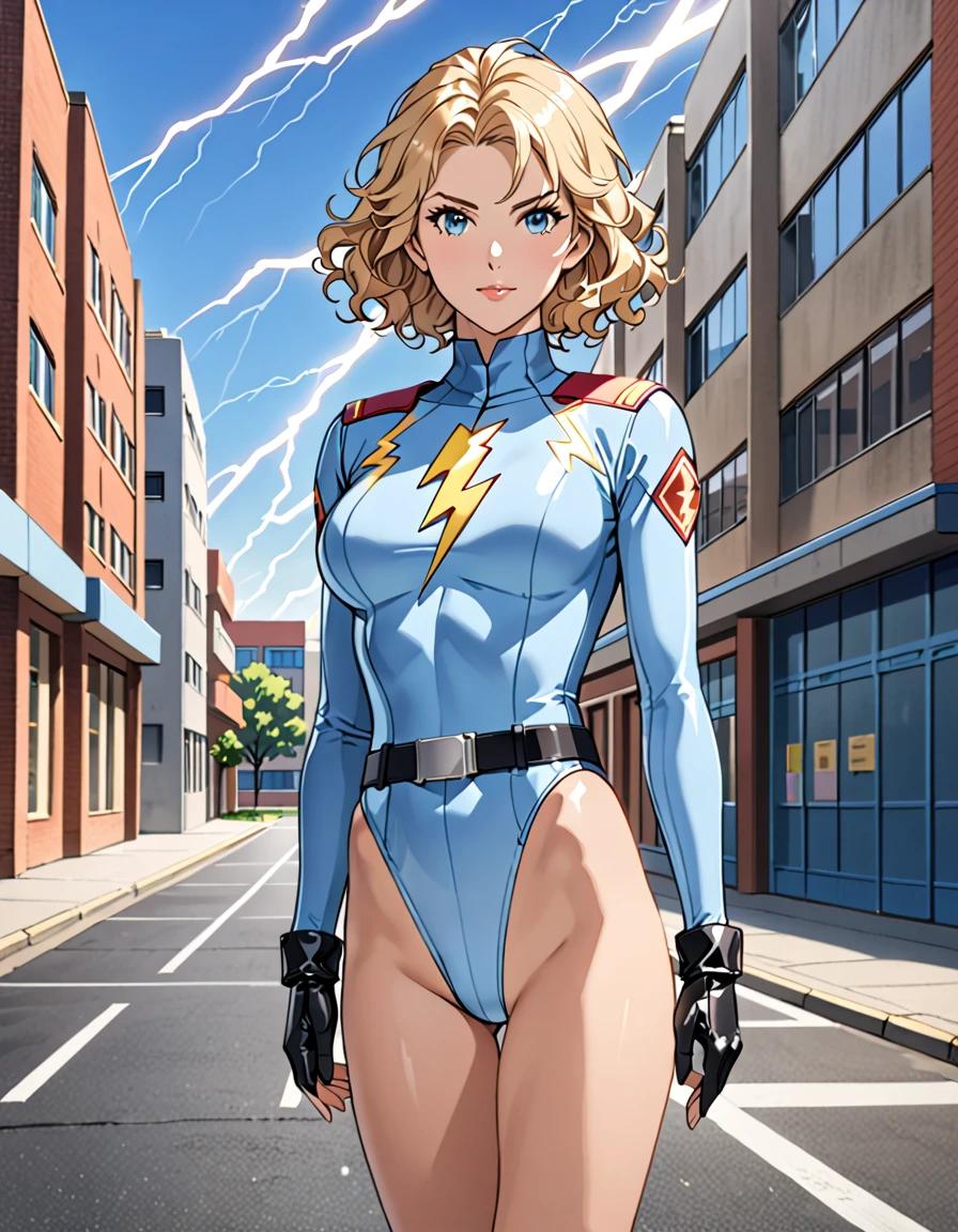 masterpiece,  best quality , employment,  1 girl, medium breasts, (( leotard, light blue  leotard)),  Long Sleeve , ((lightning \(emblem\) On the chest)), (barefoot), ((Tight belt )),   Black Boots , Matching boots, Black Gloves, Urban Background, Alone, single,  in the center standing,  Full Body Shot ,  cowboy shot ,  superhero ,   Beautiful Details Eyes,   beautiful detail face ,  blond hair , ( short hair),  Wavy Hair, Mature Woman, teacher,  perfect body. High School Background, Outdoor, Clear sky.