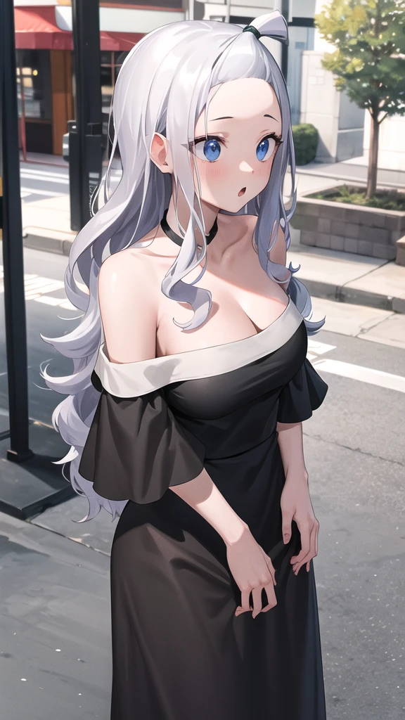 masterpiece, best quality, highres, aamira, long hair, bangs pinned back, topknot, forehead, black dress, off shoulder, outdoors, street, :o