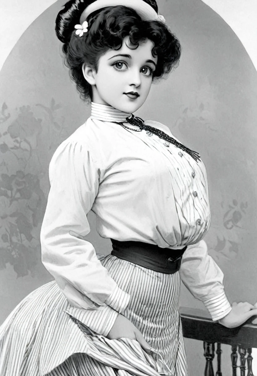 Close-up of Betty Boop, a coquettish 14yo brunette Gibson Girl of the 1900s, fondled by a horny 69yo gentleman. Year 1903. 1900_dr3ss. Girl wearing high-collar long sleeve shirtwaist, skirt, flower-brimmed hat. Long hair. Large breasts, wasp waist, bubble butt. NSFW