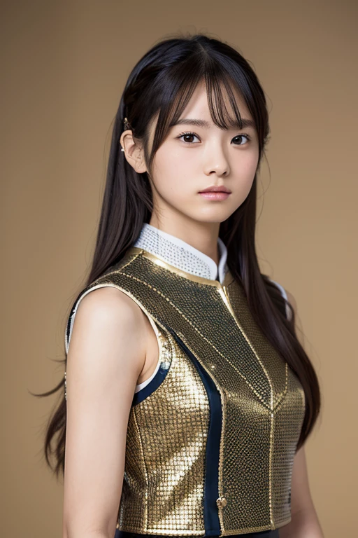  female middle school student,  Famous Japanese Idols, Medieval European style flashy clothes , Flaxen long hair,  sleeveless, masterpiece, Accurate,   anatomically correct, 最高quality,  number々Awarded,    High Resolution Model  ,   high detail, 高quality, quality,  retina,   very detailed  ,   textured skin,  Ultra-fine, RAW photo