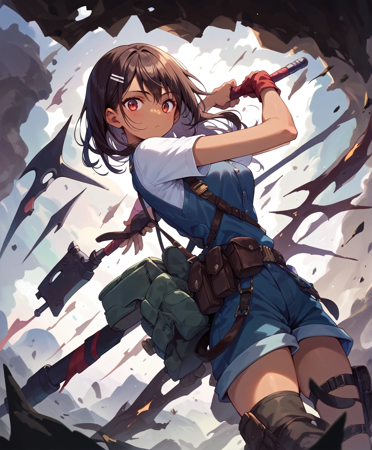 masterpiece, best quality ,High image quality, Super Real ,  very detailed, bright color, Female Teenager,Sunny Day,  portrait, (Brown skin tone), nsfw, Red eyes, Chest, arms, During combat, attack