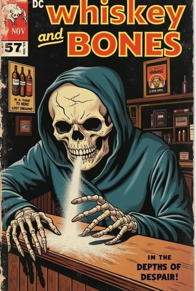 Vintage comic book cover in the style of the 1940s, featuring a somber scene set in a dimly lit bar. The central character is a skeletal figure, with a grim expression, sitting at the bar counter. In one bony hand, it holds a small vial of cocaine, while with the other hand, it leans forward, tilting its head and bringing its nose close to the surface of the bar. The skull is intricately detailed, showcasing cracks and wear, and its empty eye sockets convey a deep sense of loneliness and despair.

The action captures the moment as the skull inhales the white powder, adding a sense of urgency to the scene. The bar is adorned with vintage decor, including a dusty bottle display and faded posters on the walls, contributing to the nostalgic atmosphere. Shadows dance across the floor, illuminated by the soft glow of an overhead lamp, heightening the melancholy of the environment.

The title at the top reads 'WHISKEY AND BONES' in bold, distressed letters, with smaller captions on the sides proclaiming 'A Tale of Lost Dreams!' and 'In the Depths of Despair!' The bottom corner features a price tag reading '10¢,' with the issue number 'No. 37' and the month 'November.' The edges of the cover are slightly worn and faded, with a textured, grainy finish that captures the essence of classic 1940s comic books, adding to the sad yet captivating vibe of the scene