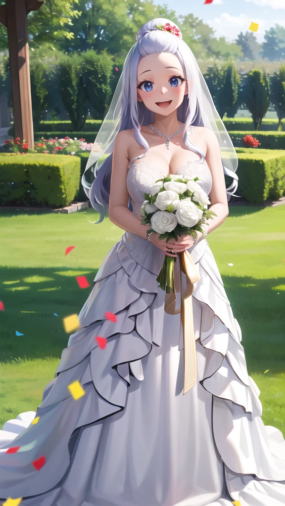 masterpiece, best quality, highres, aamira, long hair, wedding dress, standing, garden, confetti, holding bouquet, smile, open mouth,