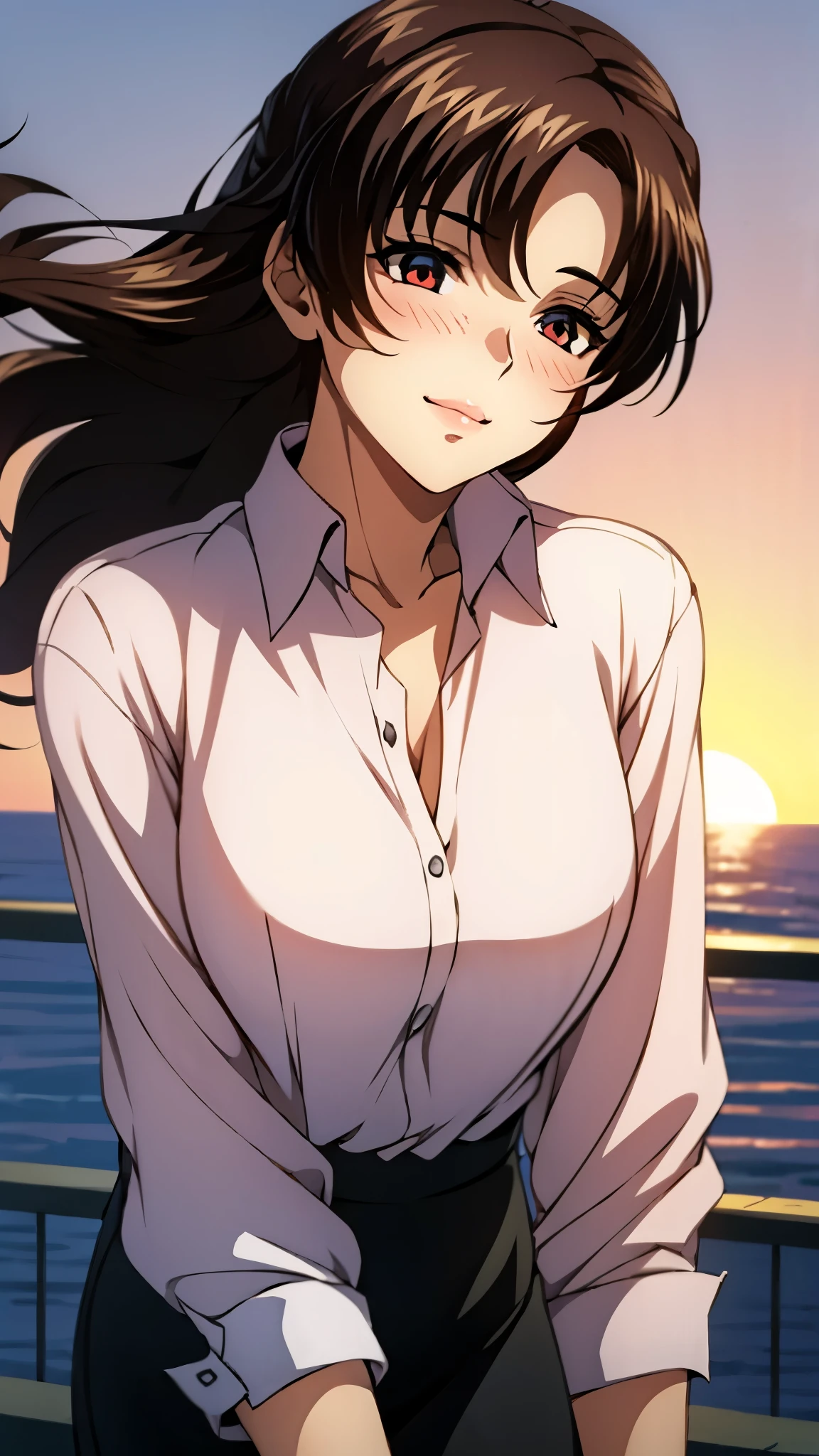 （super high quality, super high resolution ,16k,super masterpiece,Ultra HD ,Detailed shading and background,）Upper body photo,Shooting from below,One sexy mature woman looks straight ahead,（Long-sleeved pink shirt unbuttoned and unfolded, red pencil skirt,）smile,blush,Sky background with a view of the sunset,Hair lifted by the wind,Hold your hair with one hand,Leaning forward greatly,