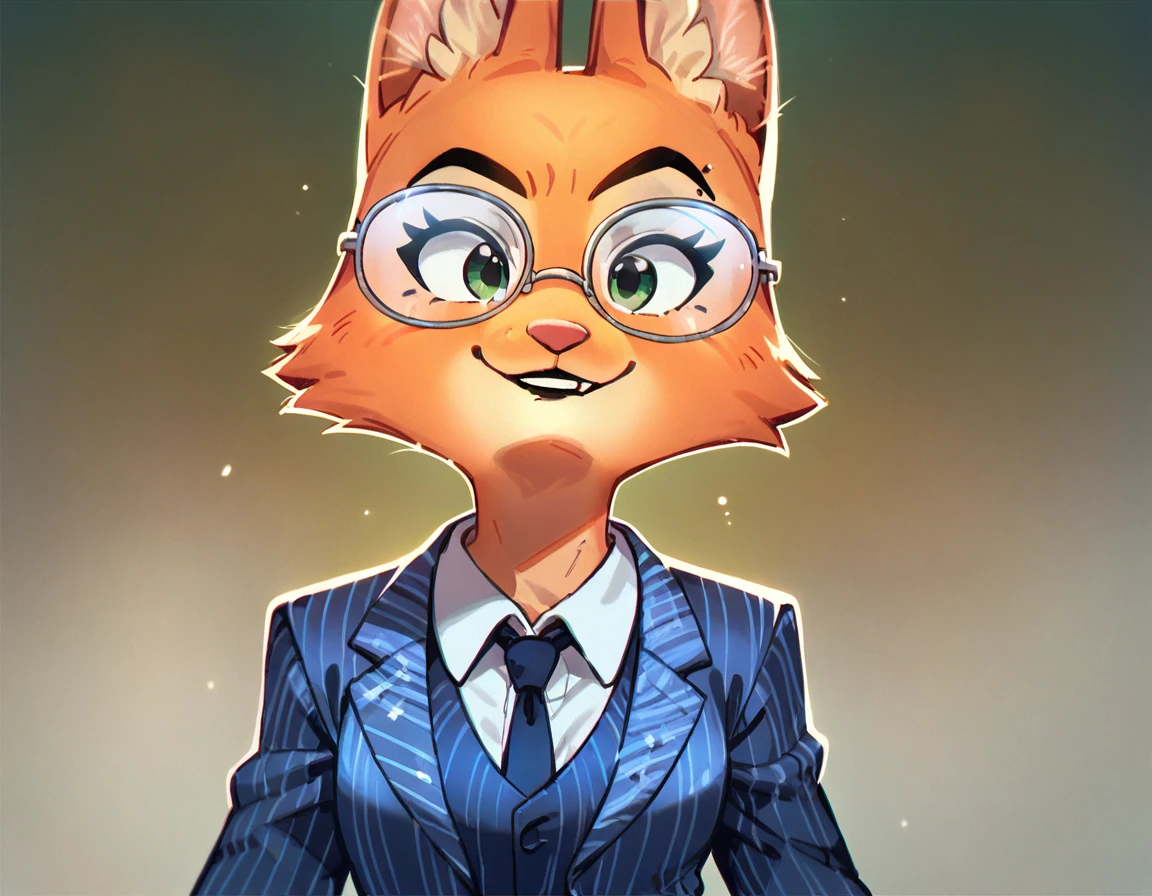 Diane Foxington, ginger fur, emerald eyes, glasses, formal, smirk