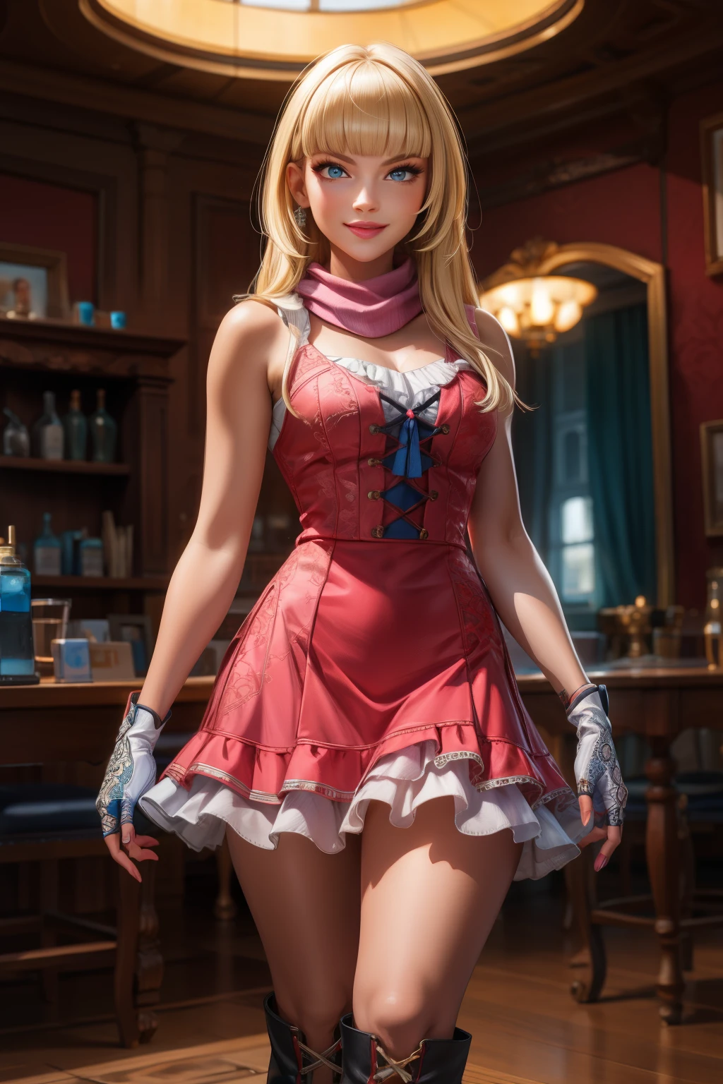Perfect Eyes:1.2, Detailed Eyes:1.4, Emily T8, Blunt Bangs, Blue Eyes, Long Hair, Blonde Hair, Thighs, Lace-up Boots, Pink Frilly Dress, Frilly Scarf, Fingerless Gloves, Smile, Red Eyeshadow:1.2, Makeup:1.2, Cowboy Shot, 1 Girl, Alone, (Masterpiece:1.6, Best Quality), 8k, Insane Detail, Intricate Detail, Hyper Detailed, High Quality, High Detail, Ultra Detailed, Professional, HDR, Ray Tracing Reflection, Cinematic Lighting,