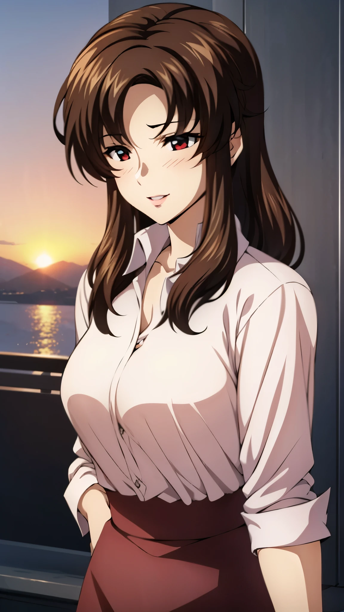 （super high quality, super high resolution ,16k,super masterpiece,Ultra HD ,Detailed shading and background,）Upper body photo,One sexy mature woman looks straight ahead,（Long-sleeved pink shirt unbuttoned and unfolded, red pencil skirt,）Open your lips a little,smile,blush,Sky background with a view of the sunset,Hair lifted by the wind,