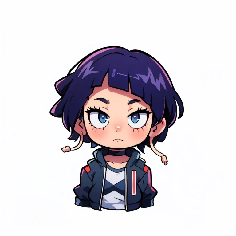 jirou_kyouka, long earlobes, shirt, choker, jacket, boku no hero academia, 1girl, short hair, uhd, 4k, face detail, eyes detail, only_head, head_only, white background, solo, kawaii, chibi, upper body, circle frame, vivid colors,