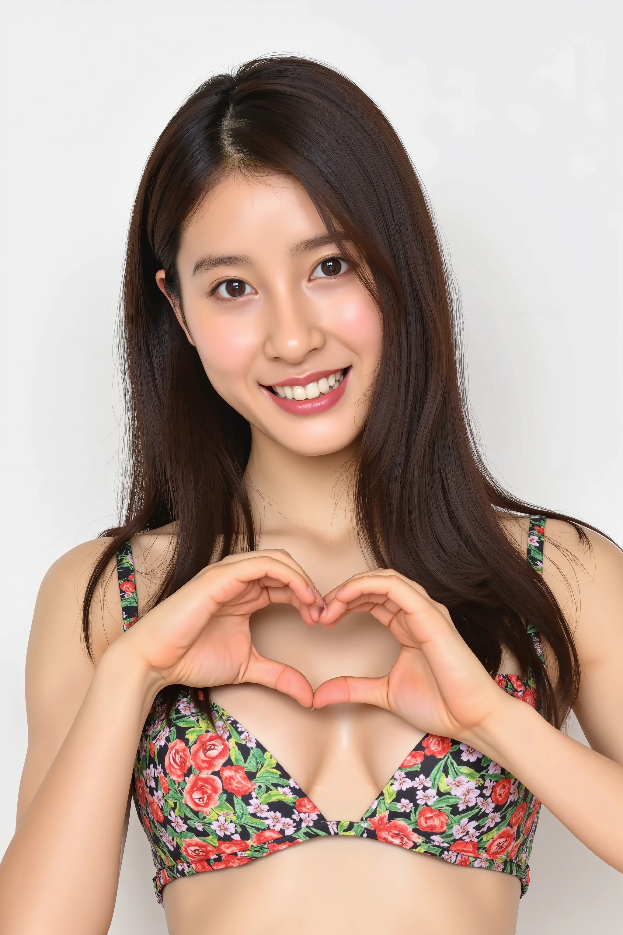 She is posing with both hands firmly in the shape of a big heart and holding it in front of her chest with a smile, (masterpiece), (Best Quality), ( very detailed ), (One Girl), (bikini),  in the center standing,  fashion model,  (Ultra Precise Human Body Structure   ,   best quality 、RAW Photos、8k、32K、masterpiece、Realistic、Realistic:1.37)、Cute Japanese women images、Photographed in natural light、 1 girl、Photo Mapping、   Physically Based Rendering   、Excellent image quality、  Kampala 、1080P、(Beautiful Face)、(Detailed description of the face)、((Detailed CG)、Rich details、(Detailed eyes)、 Delicate clavicle、 very realistic and detailed young woman 、  Beautiful skin、   soft light is reflected in the high part of the cheek、   small pores and hair follicles  、   even the smallest blood vessels are visible、The skin is smooth、natural flushing of cheeks 、Healthy glow、  The eyes are large and clear blue、  The iris has fine patterning、  with light reflecting and shining in the eyes 、  There is a slight shadow under the eye、  with long, naturally curly lashes 、 her lips are soft pink 、  smooth texture and natural shine 、   background is pale black and white gradation  、The focus is completely on the face 、Realistic shadows and textures、 photographic depiction 
