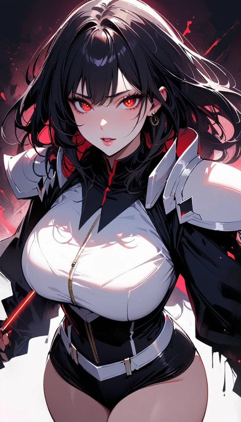 ( high quality , 8k, 4K,  high contrast, :1.2,  high quality , Better aesthetics), (centered), ((1 woman)), erotic, Sensual,  mature body, super detailed, detailed beautiful face,  beautiful detailed eyes,  beautiful detailed mouth ,  perfect breaths , perfect wide thighs , ( black hair ), (short  black hair ), (messy  black hair ), (red eyes), ( red laser light in the eyes  ), (  proud and sadistic expression  ), (villain), (  black and white hero uniform ), ( BIG BREASTS), (  black and white armor shoulder pads), (standing), (  looking at the viewer), (piercing gaze), 