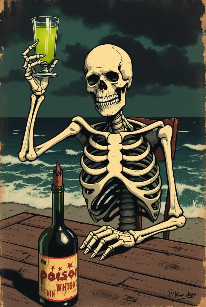 Vintage comic book cover in the style of the 1940s, featuring a sinister skeleton sitting at a weathered table on a dark, stormy beach. The skeleton has a wicked grin, raising a glass filled with a glowing green liquid labeled 'POISON' in jagged letters. The bottle sits ominously on the table, its label peeling and faded, with waves crashing in the background. The atmosphere is eerie, with a swirling mist enveloping the scene and dark clouds looming overhead. Shadows dance around the skeleton, enhancing the feeling of danger and foreboding, as if it’s relishing its deadly choice amidst the haunting beauty of the seashore.