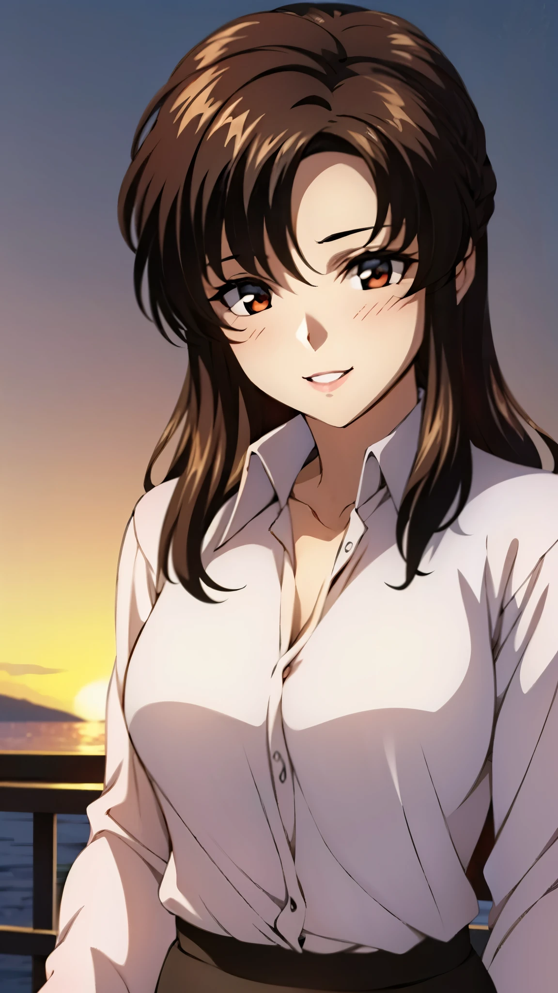 （super high quality, super high resolution ,16k,super masterpiece,Ultra HD ,Detailed shading and background,）Upper body photo,One sexy mature woman,（Long-sleeved pink shirt unbuttoned and unfolded, red pencil skirt,）Open your lips a little,smile,blush,Sky background with a view of the sunset,Hair lifted by the wind,