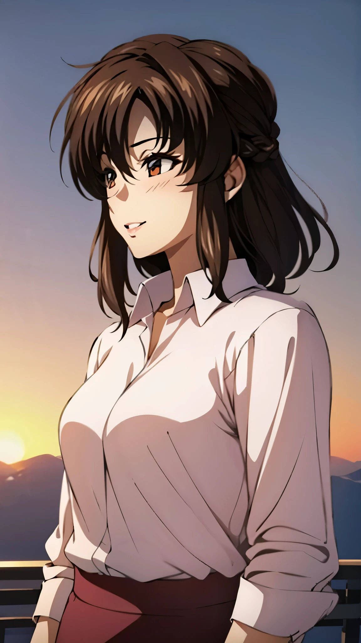 （super high quality, super high resolution ,16k,super masterpiece,Ultra HD ,Detailed shading and background,）Upper body photo,One sexy mature woman,（Long-sleeved pink shirt unbuttoned and unfolded, red pencil skirt,）Open your lips a little,smile,blush,Sky background with a view of the sunset,Hair lifted by the wind,