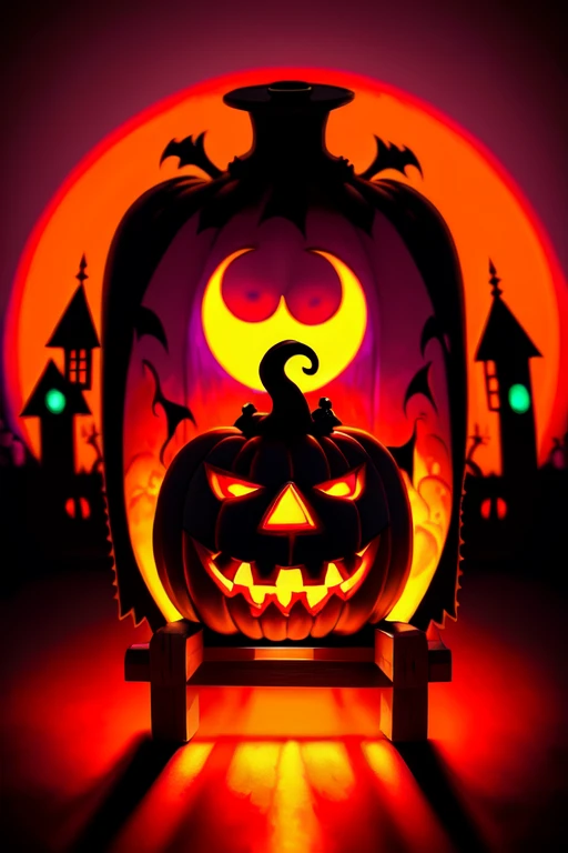 Create a vibrant and spookily fun Halloween-themed design. The centerpiece should be a humanoid figure with a carved pumpkin head sporting a mischievous grin. This character should be playing an electric guitar, with details like cables, amplifiers, and sparks of energy around them. The guitar can feature Halloween-themed elements, such as cobwebs and bats. The scene should have a rock concert atmosphere, with dramatic lighting and an audience of supernatural creatures, such as ghosts and zombies, watching the performance. Colors should be bold and contrasting, mainly using shades of orange, black, purple, and lime green.
