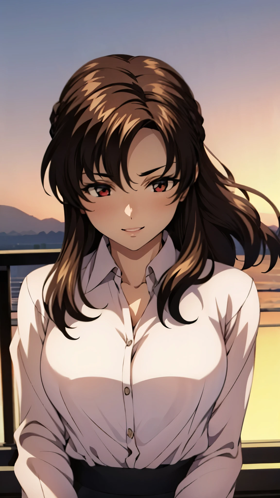 （super high quality, super high resolution ,16k,super masterpiece,Ultra HD ,Detailed shading and background,）Upper body photo,One sexy mature woman,（Long-sleeved pink shirt unbuttoned and unfolded, red pencil skirt,）Open your lips a little,smile,blush,Sky background with a view of the sunset,Hair lifted by the wind,