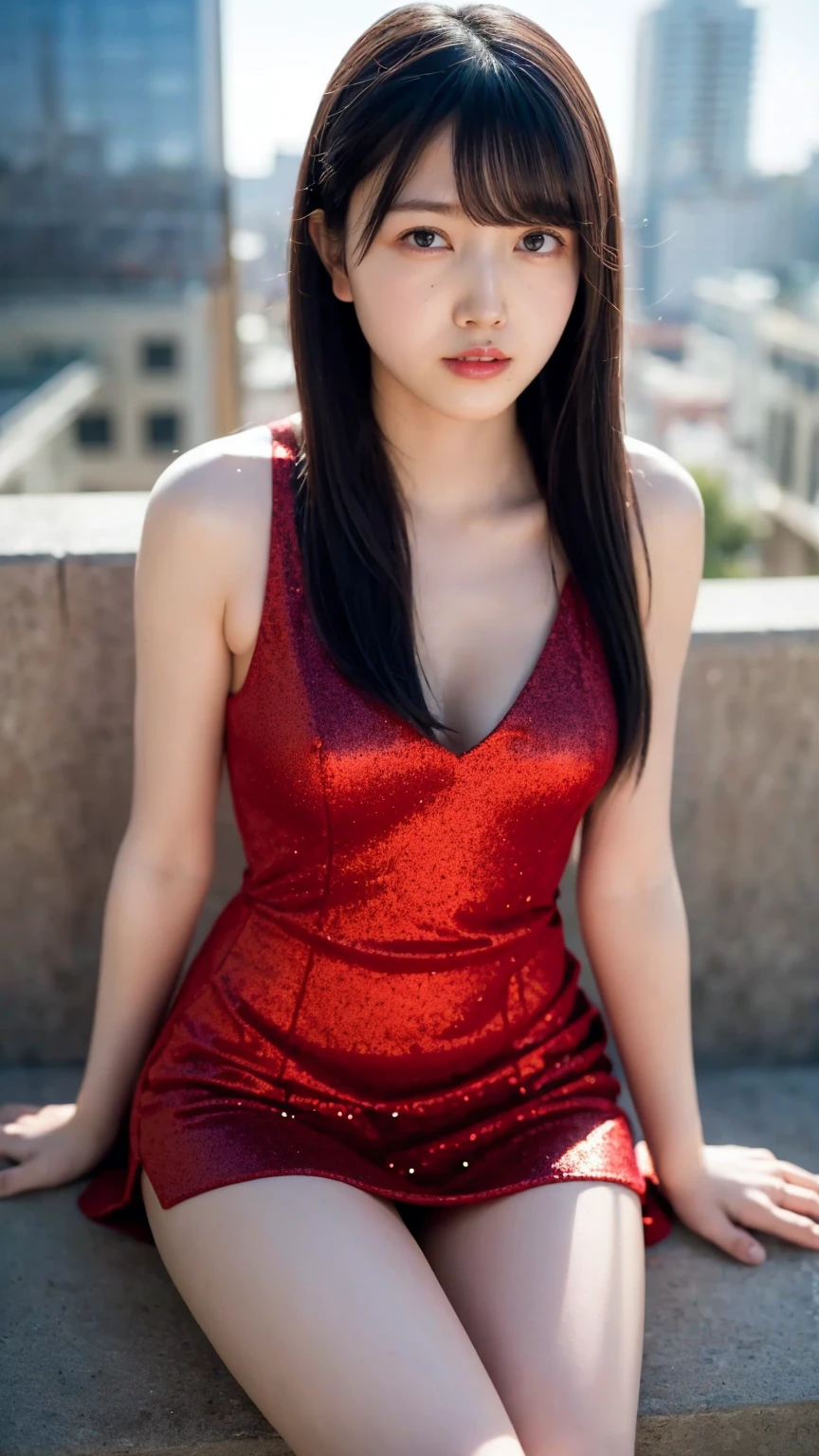 (best quality, masterpiece:1.2), 18 year old girl, Wearing a red dress, at the seaside, night light, realistic face, Perfect body, good anatomy, perfect face, curly long hair, black hair, photorealism, Super detailed, high quality, Posing for photos, Sexy