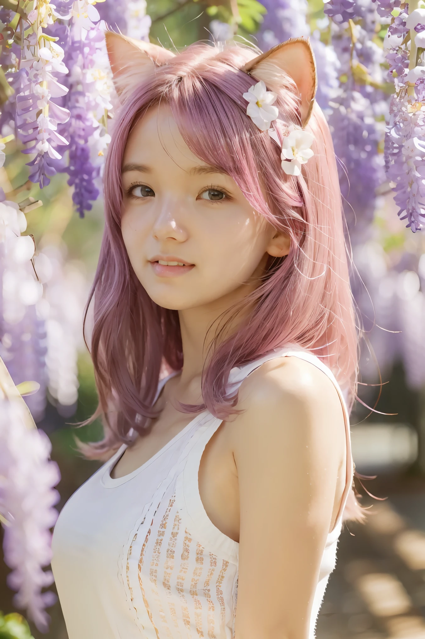 1girl, solo, cute girl with pink hair, pink eyes, wisteria flower background, soft natural light, cat ears, sleeveless white shirt