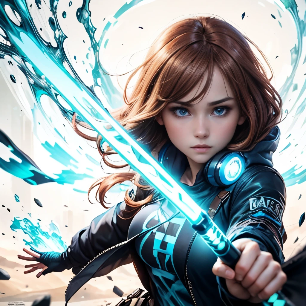 Nakano Miku, a beautiful young woman, detailed facial features, delicate skin, brown hair, hair between her eyes, headphones, big blue eyes, big breasts, glowing skin, perfect anatomy. Looking at viewer, loose mid-cut t-shirt, breasts, black jacket, fingerless gloves, moving pose, holding lightsaber, blue rays, complex textures, vibrant colors, surrealistic atmosphere, realistic quality, photorealistic, masterpiece, best quality, 8k, high resolution, hyper-detailed, natural lighting, physical rendering, professional digital art, hyper-realistic portrait