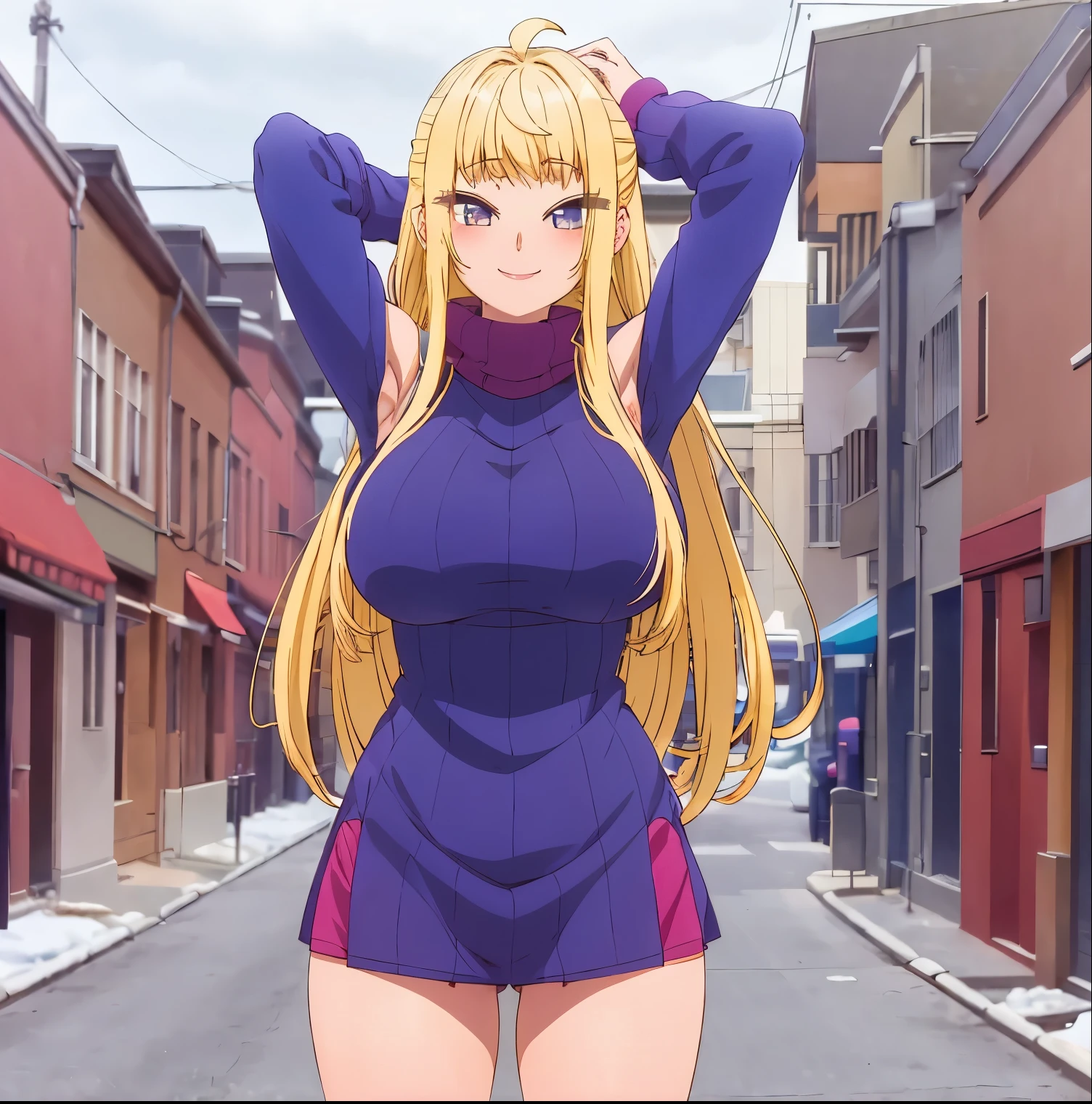 1girl, alone, minami fuyuki,masterpiece,best quality,highres,ultra-detailed,bbminami,long hair,large breasts,ahoge,sweater,turtleneck,street,smile,standing,sleeveless,arm_behind_head,arms_up,big breasts, medium waist, wide hips, wide thighs