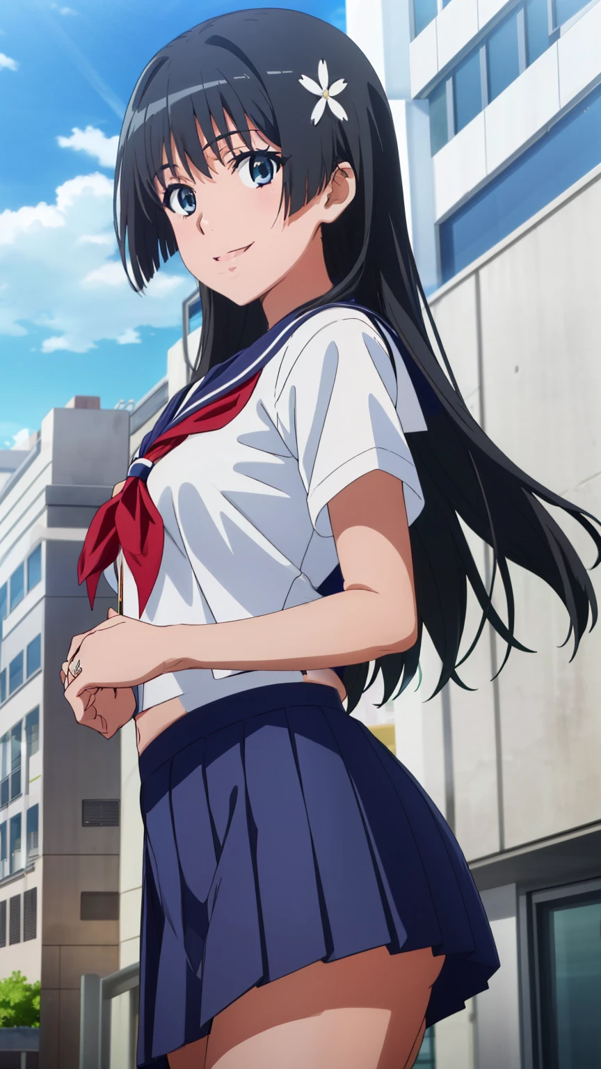 (masterpiece, best quality, high resolution, 8k:1.2), (anime coloring), unity 8k wallpaper, (beautiful detailed eyes:1.2), highly detailed face, perfect lighting, highly detailed CG, perfect hands, perfect anatomy, saten ruiko, 1 girl, young woman, bearish sentiment, (black hair:1.1), bangs, (black eyes), (slim body), (medium breasts), (nffsw, school uniform, sailor suit, navy blue mini skirt, smile, happy, city, blue sky), looking at the viewer, (cowboy shot:1.2), dutch angle