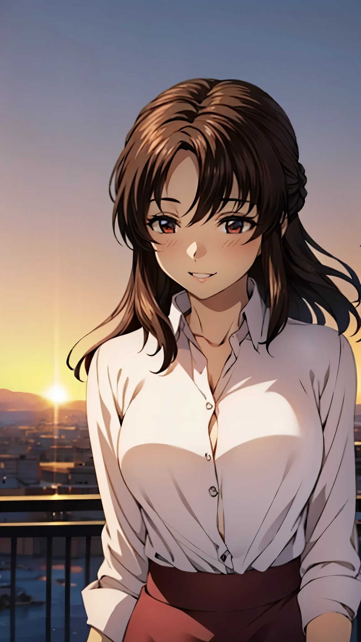 （super high quality, super high resolution ,16k,super masterpiece,Ultra HD ,Detailed shading and background,）Upper body photo,One sexy mature woman,（Long-sleeved pink shirt unbuttoned and unfolded, red pencil skirt,）Open your lips a little,smile,blush,Sky background with a view of the sunset,Hair lifted by the wind,Hold your hair with your hands,