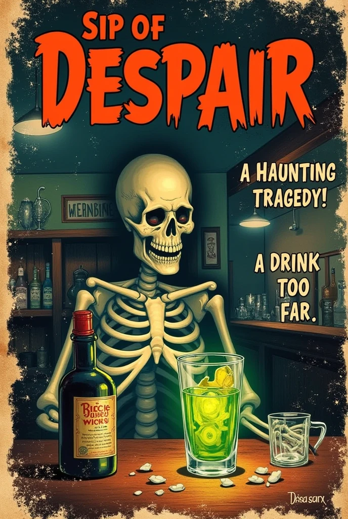 "Vintage comic book cover in the style of the 1940s, depicting a sorrowful skeleton sitting alone at a dimly lit bar, its hollow eye sockets gazing mournfully at a glass filled with a luminous green liquid labeled 'POISON.' The bottle of poison sits on the table beside it, the label worn and tattered. The bar is cluttered with empty glasses and remnants of forgotten drinks, enhancing the atmosphere of desolation. Dark shadows loom over the scene, with a flickering overhead light casting an eerie glow. The title at the top reads 'SIP OF DESPAIR' in bold, distressed letters, while smaller captions warn of 'A HAUNTING TRAGEDY!' and 'A DRINK TOO FAR!' The edges of the comic are slightly frayed, and the overall design exudes a grainy, weathered texture, capturing the essence of classic 1940s comic books."