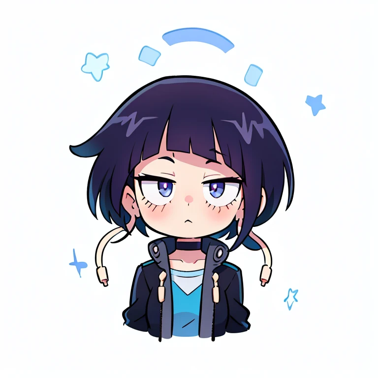 jirou_kyouka, long earlobes, shirt, choker, jacket, boku no hero academia, 1girl, short hair, uhd, 4k, face detail, eyes detail, only_head, head_only, white background, solo, kawaii, chibi, upper body, circle frame, vivid colors,