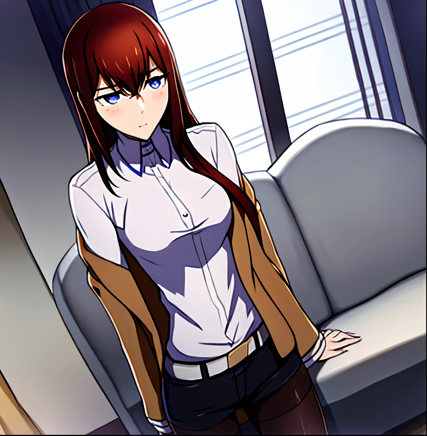 ((1 girl)),((alone)), makise kurisu,((Extremely detailed CG unity 4k wallpaper)),(Masterpiece),(ultra quality),(Ultra detailed),(high illustration),( best shadow),(extremely detailed),(best resolution),(absurdity),(detailed background),(dynamic pose),(cowboy shot),medium breasts, narrow waist, wide hips, medium thighs, round butt, hair reddish brown, long, violet blue eyes, serious face, stoic expression, blushing, small smile, , Beautiful detailed eyes, looking at viewer, suductive gaze, khaki jacket, thigh-high, white dress shirt, tight shirt, ((cleavage)), black_white belts on arms, white shirt, black pants, tight shorts, belt white, black tights pantyhose, nail polish,((solo)), closed mouth, Backlit,((standing:1.4 in, sofa, apartment, room, living room, window, urban background, night, city lights, thinking in the future)), looking forward,((focus on breasts)), pov: (from the middle), perfect anatomy, perfect hands