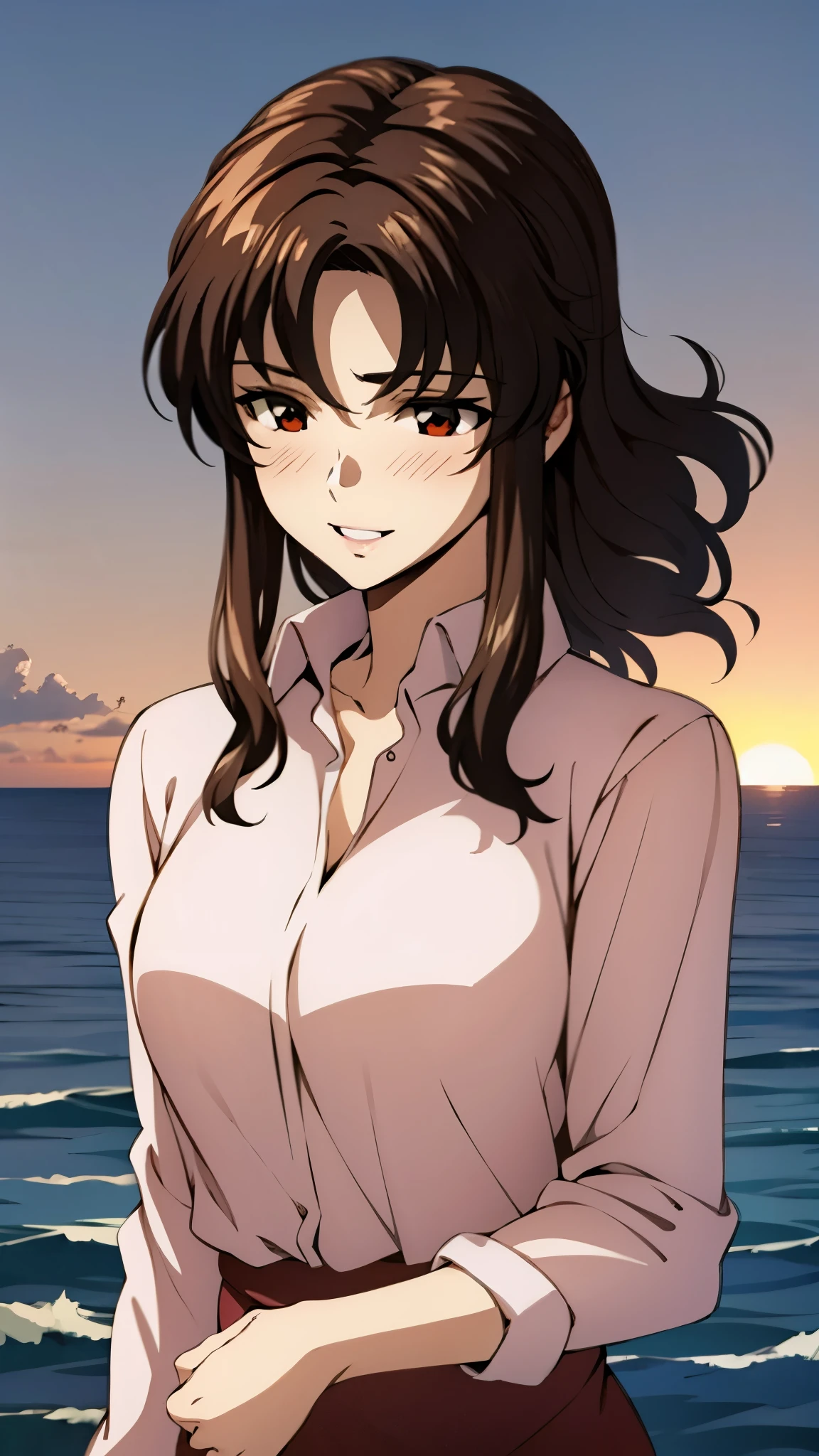 （super high quality, super high resolution ,16k,super masterpiece,Ultra HD ,Detailed shading and background,）Upper body photo,One sexy mature woman,（Long-sleeved pink shirt unbuttoned and unfolded, red pencil skirt,）Open your lips a little,smile,blush,Ocean background with a view of the sunset,Hair lifted by the wind,Hold your hair with your hands,