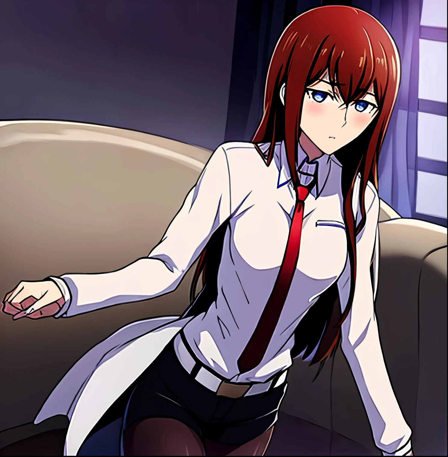 ((1 girl)),((alone)), makise kurisu,((Extremely detailed CG unity 4k wallpaper)),(Masterpiece),(ultra quality),(Ultra detailed),(high illustration),( best shadow),(extremely detailed),(best resolution),(absurdity),(detailed background),(dynamic pose),(cowboy shot),medium breasts, narrow waist, wide hips, medium thighs, round butt, hair reddish brown, long, violet blue eyes, serious face, stoic expression, blushing, small smile, , Beautiful detailed eyes, looking at viewer, suductive gaze, khaki jacket, thigh-high, white dress shirt, tight shirt, ((cleavage)), black_white belts on arms, white shirt, black pants, tight shorts, belt white, black tights pantyhose, nail polish,((solo)), closed mouth, Backlit,((standing:1.4 in, sofa, apartment, room, living room, window, urban background, night, city lights, thinking in the future)), looking forward,((focus on breasts)), pov: (from the middle), perfect anatomy, perfect hands