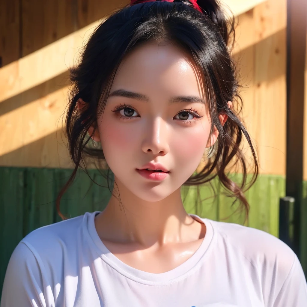 "Create realistic digital images of,Asian woman with a round face, Glowing Pink Body , Red cheeksอมชมพู, Black hair,Ponytail,A 2 meter long scissor baggy hair ,My hair flutters in the wind., Red cheeks,  wearing a blue-white camouflage T-shirt ,  with black lettering. The scene is outdoor, with a green background, and she is standing in front of a fence or a wooden wall. The atmosphere is serene and intimate by Natural light enhances the soft look and gives it a refreshing and approachable feel."High quality photos, 3d, 16k, Portrait photography, การถ่ายmovies, movies, 