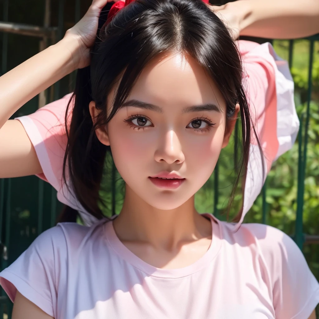 "Create realistic digital images of,Asian woman with a round face, Glowing Pink Body , Red cheeksอมชมพู, Black hair,Ponytail,A 2 meter long scissor baggy hair ,My hair flutters in the wind., Red cheeks,  wearing a blue-white camouflage T-shirt ,  with black lettering. The scene is outdoor, with a green background, and she is standing in front of a fence or a wooden wall. The atmosphere is serene and intimate by Natural light enhances the soft look and gives it a refreshing and approachable feel."High quality photos, 3d, 16k, Portrait photography, การถ่ายmovies, movies, 