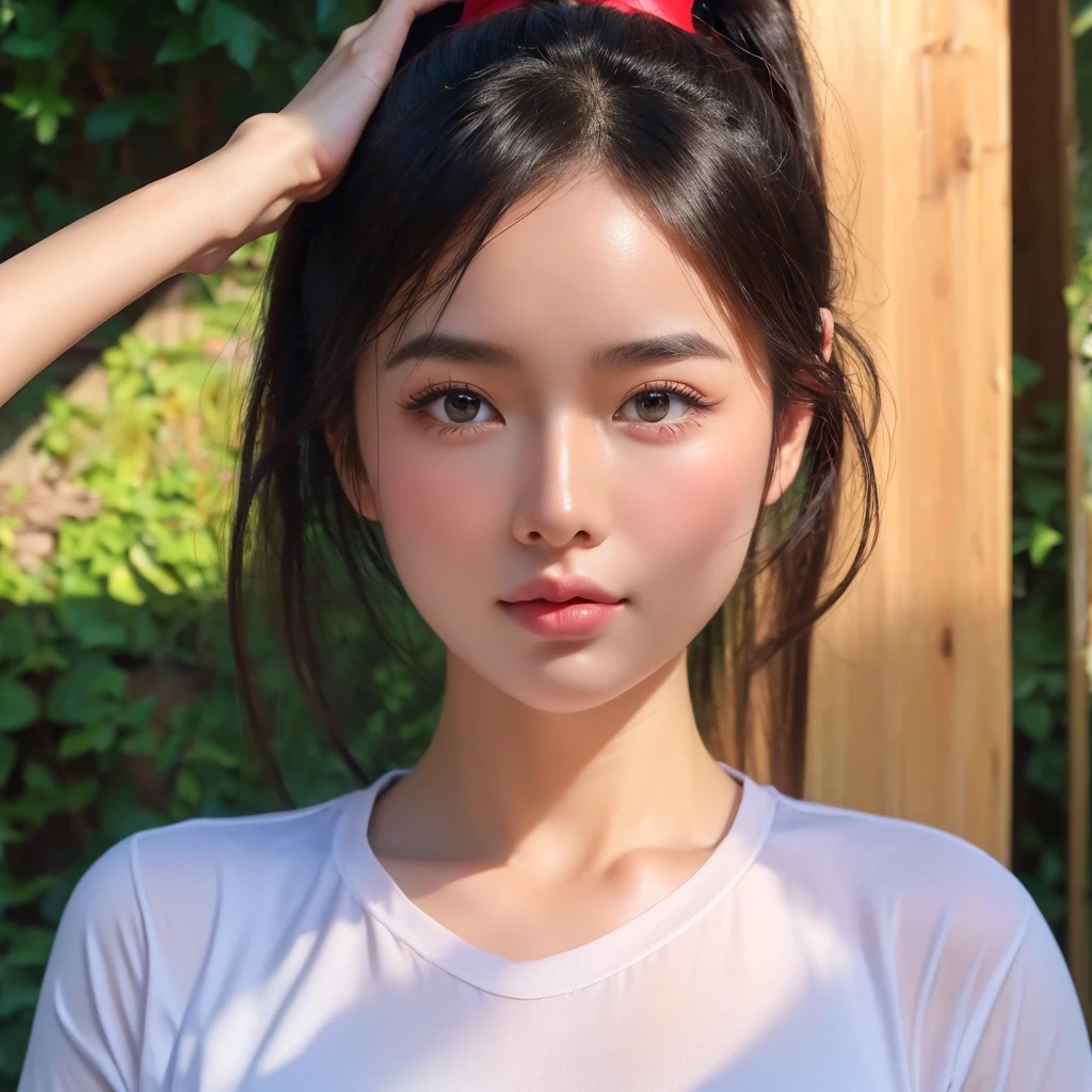 "Create realistic digital images of,Asian woman with a round face, Glowing Pink Body , Red cheeksอมชมพู, Black hair,Ponytail,A 2 meter long scissor baggy hair ,My hair flutters in the wind., Red cheeks,  wearing a blue-white camouflage T-shirt ,  with black lettering. The scene is outdoor, with a green background, and she is standing in front of a fence or a wooden wall. The atmosphere is serene and intimate by Natural light enhances the soft look and gives it a refreshing and approachable feel."High quality photos, 3d, 16k, Portrait photography, การถ่ายmovies, movies, 