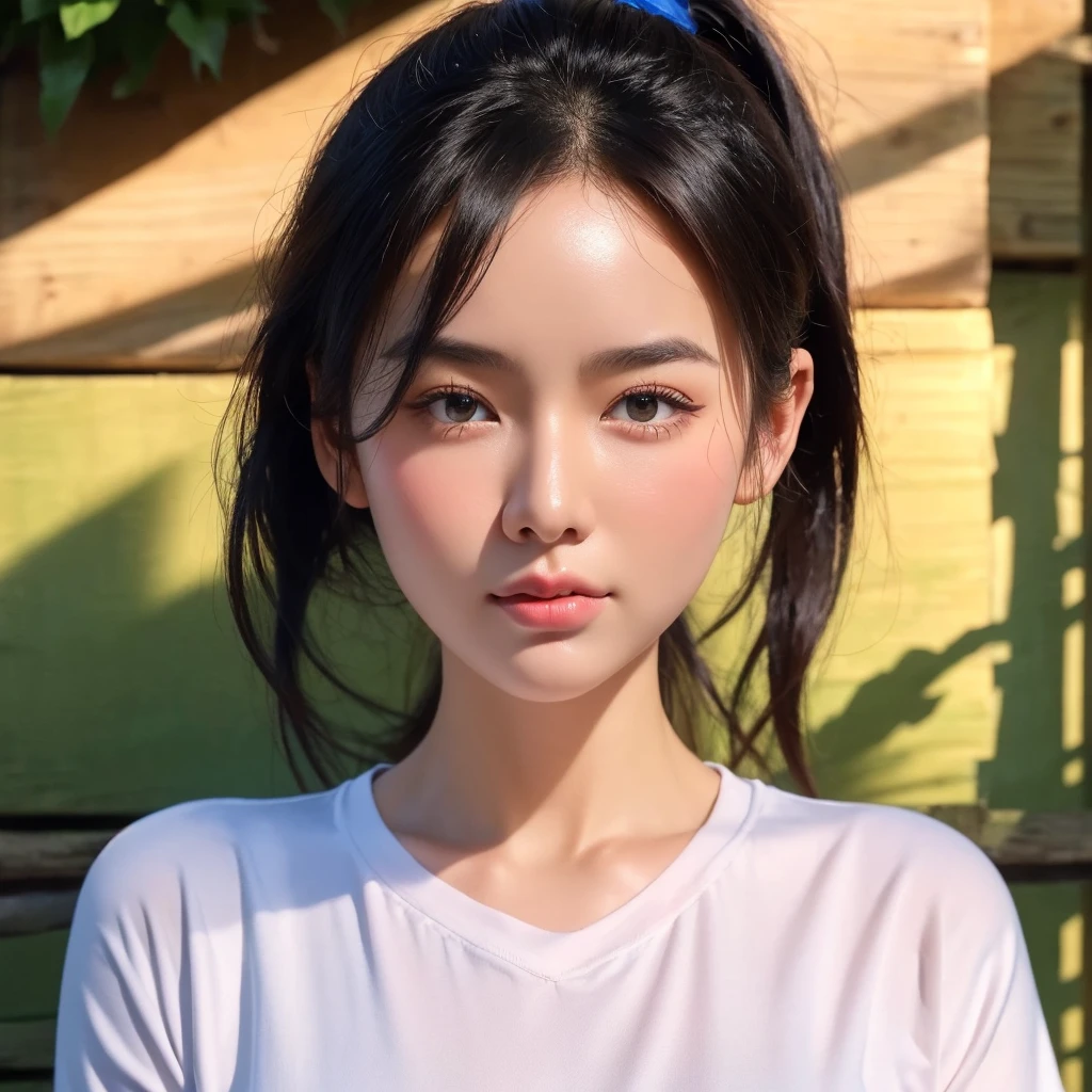 "Create realistic digital images of,Asian woman with a round face, Glowing Pink Body , Red cheeksอมชมพู, Black hair,Ponytail,A 2 meter long scissor baggy hair ,My hair flutters in the wind., Red cheeks,  wearing a blue-white camouflage T-shirt ,  with black lettering. The scene is outdoor, with a green background, and she is standing in front of a fence or a wooden wall. The atmosphere is serene and intimate by Natural light enhances the soft look and gives it a refreshing and approachable feel."High quality photos, 3d, 16k, Portrait photography, การถ่ายmovies, movies, 