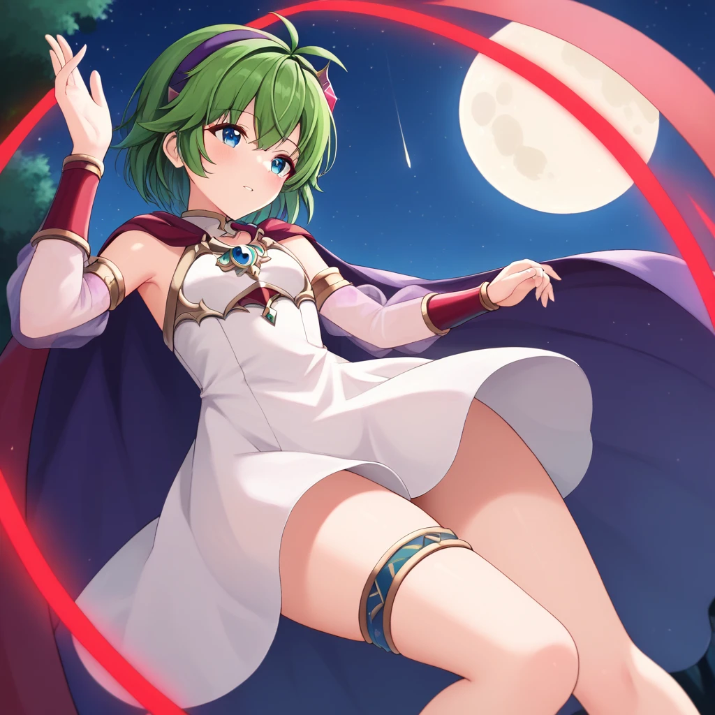 score_9, score_8_up, (masterpiece), best quality, High Resolution, Masterpiece, expressive eyes, perfect face, perfect hands, perfect fingers, perfect anatomy, detached sleeves, white dress, green hair, sandals, ninoss, purple cape, vambraces, hair ornament, see-through sleeves, antenna hair, purple hairband, blue eyes, short hair, moon, night sky, stars, forest, magical circle

blutgang, curved sword, red aura sword, magical blade, floating sword, red glowing blade, thigh strap, dress lift, thighs, perfect thighs, see-through dress