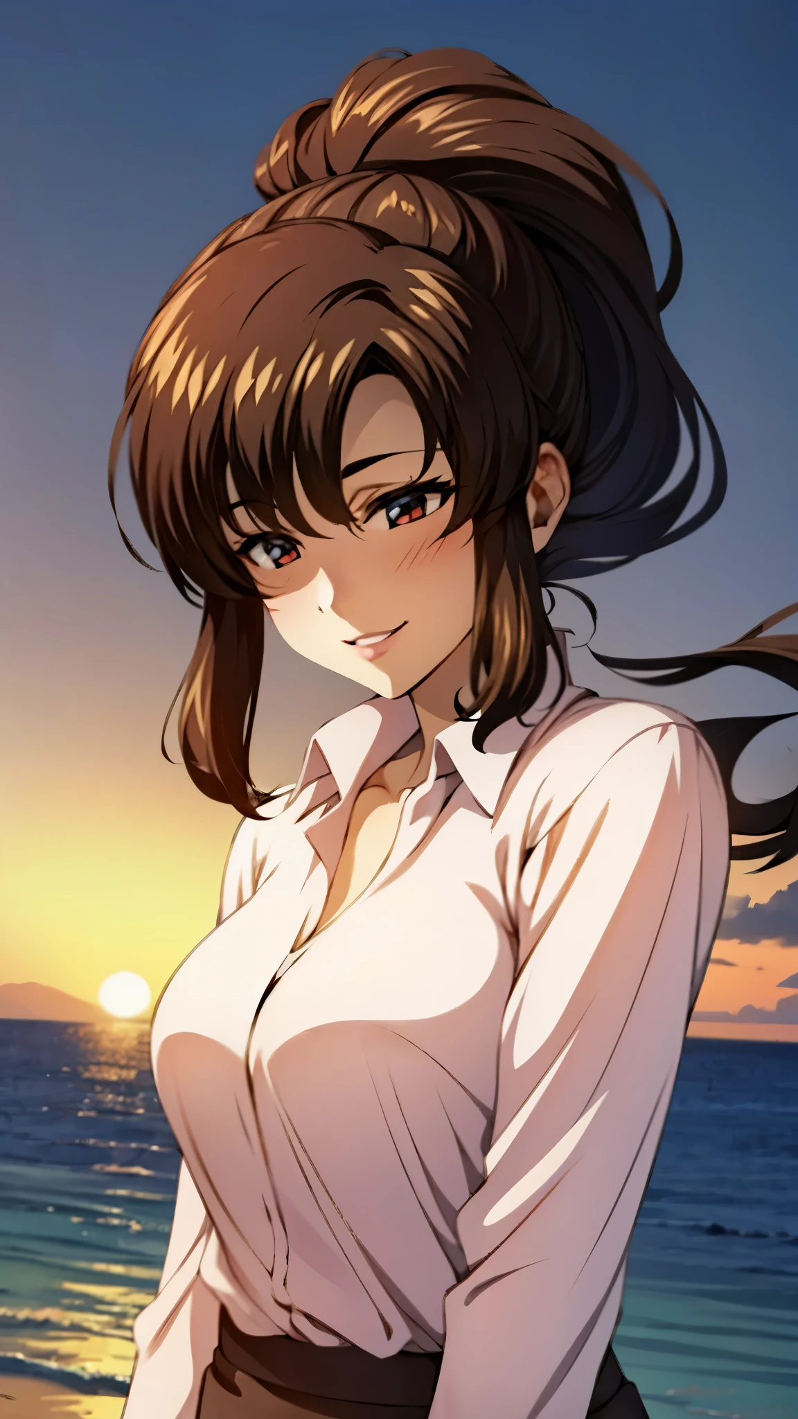 （super high quality, super high resolution ,16k,super masterpiece,Ultra HD ,Detailed shading and background,）Upper body photo,One sexy mature woman,（Long-sleeved pink shirt unbuttoned and unfolded, red pencil skirt,）Open your lips a little,smile,blush, ocean background with a view of the sunset,Hair lifted by the wind,Hold your hair with your hands,