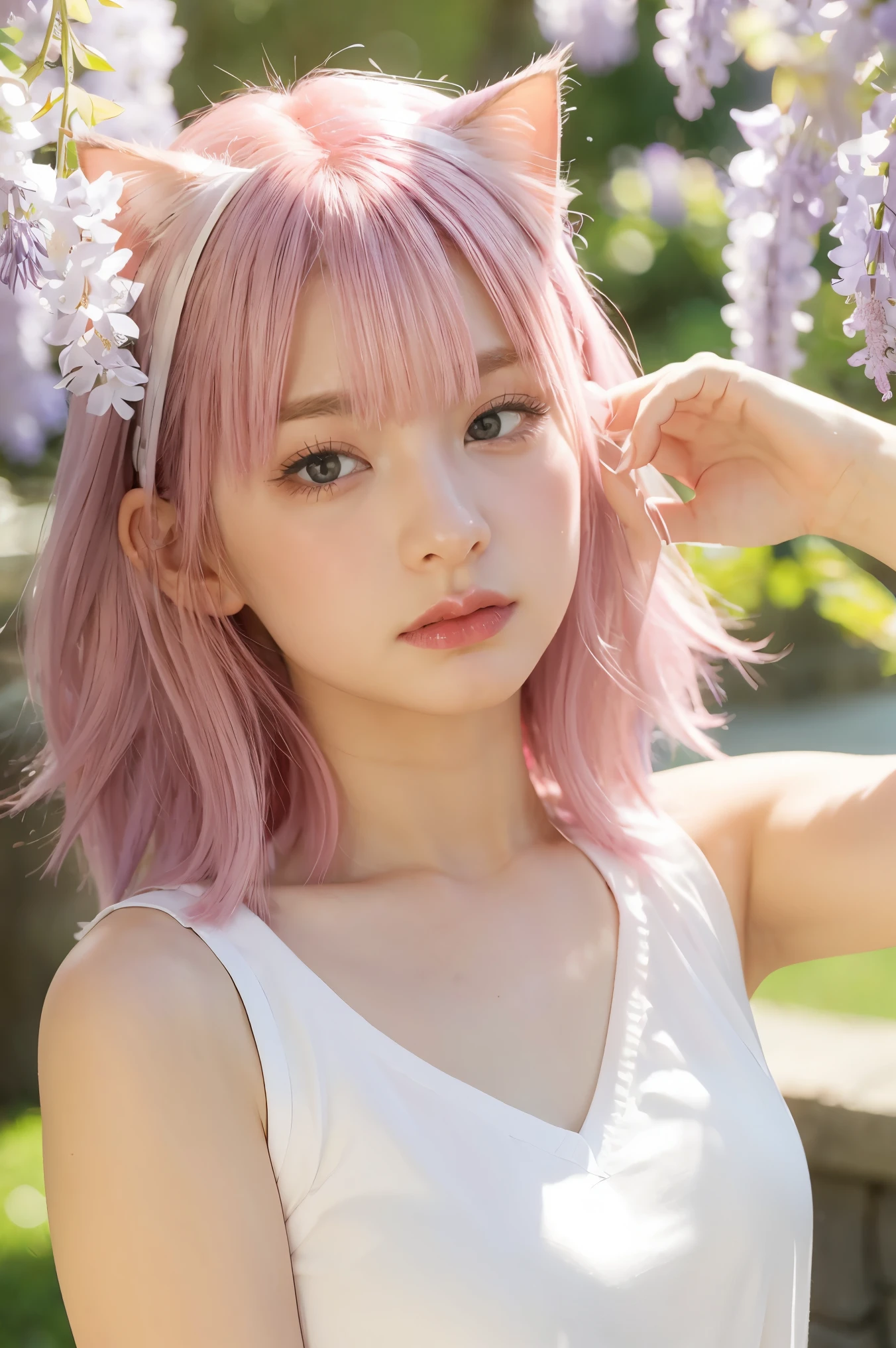 1girl, solo, cute girl with pink hair, pink eyes, wisteria flower background, soft natural light, cat ears, sleeveless white shirt