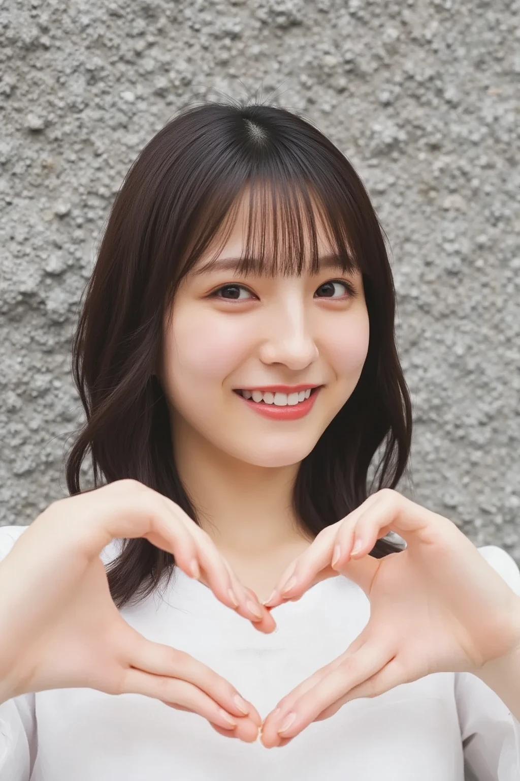 She is posing with both hands firmly in the shape of a big heart and holding it in front of her chest with a smile, (masterpiece), (Best Quality), ( very detailed ), (One Girl), (bikini),  in the center standing,  fashion model,  (Ultra Precise Human Body Structure   ,   best quality 、RAW Photos、8k、32K、masterpiece、Realistic、Realistic:1.37)、Cute Japanese women images、Photographed in natural light、 1 girl、Photo Mapping、   Physically Based Rendering   、Excellent image quality、  Kampala 、1080P、(Beautiful Face)、(Detailed description of the face)、((Detailed CG)、Rich details、(Detailed eyes)、 Delicate clavicle、 very realistic and detailed young woman 、  Beautiful skin、   soft light is reflected in the high part of the cheek、   small pores and hair follicles  、   even the smallest blood vessels are visible、The skin is smooth、natural flushing of cheeks 、Healthy glow、  The eyes are large and clear blue、  The iris has fine patterning、  with light reflecting and shining in the eyes 、  There is a slight shadow under the eye、  with long, naturally curly lashes 、 her lips are soft pink 、  smooth texture and natural shine 、   background is pale black and white gradation  、The focus is completely on the face 、Realistic shadows and textures、 photographic depiction 
