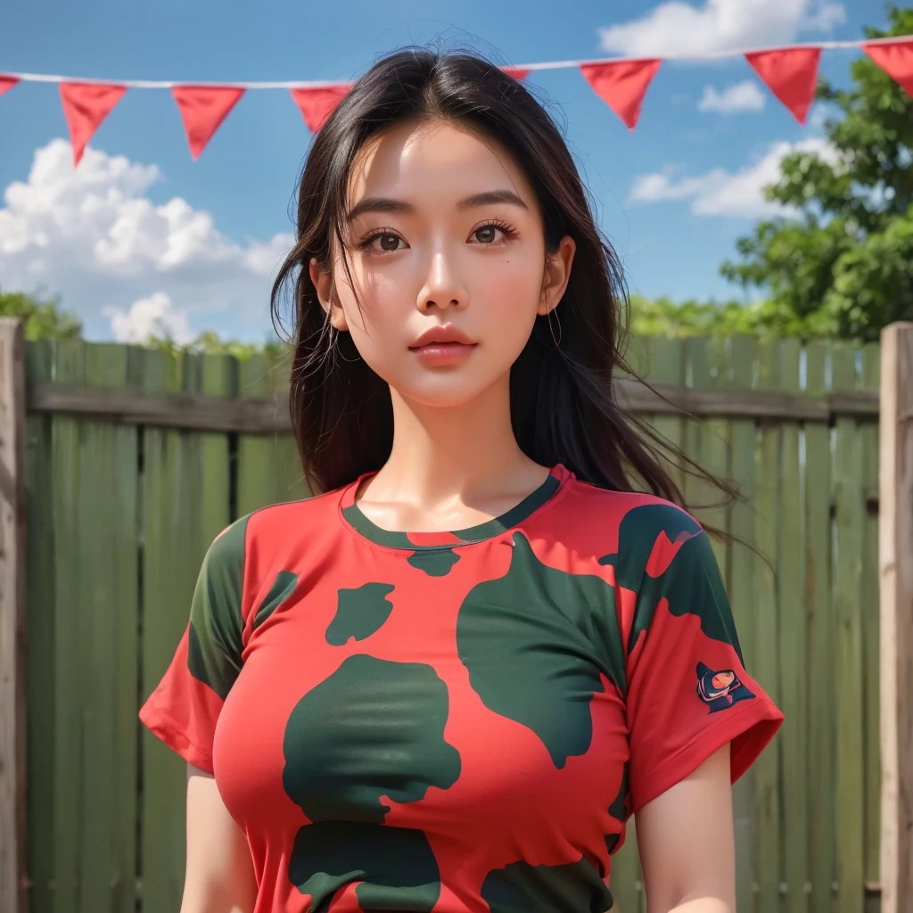 "Create realistic digital images of,Asian woman with a round face, Glowing Pink Body , Red cheeksอมชมพู, Black hair,Ponytail,A 2 meter long scissor baggy hair ,My hair flutters in the wind., Red cheeks,  wearing a blue-white camouflage T-shirt ,  with black lettering. The scene is outdoor, with a green background, and she is standing in front of a fence or a wooden wall. The atmosphere is serene and intimate by Natural light enhances the soft look and gives it a refreshing and approachable feel."High quality photos, 3d, 16k, Portrait photography, การถ่ายmovies, movies, 