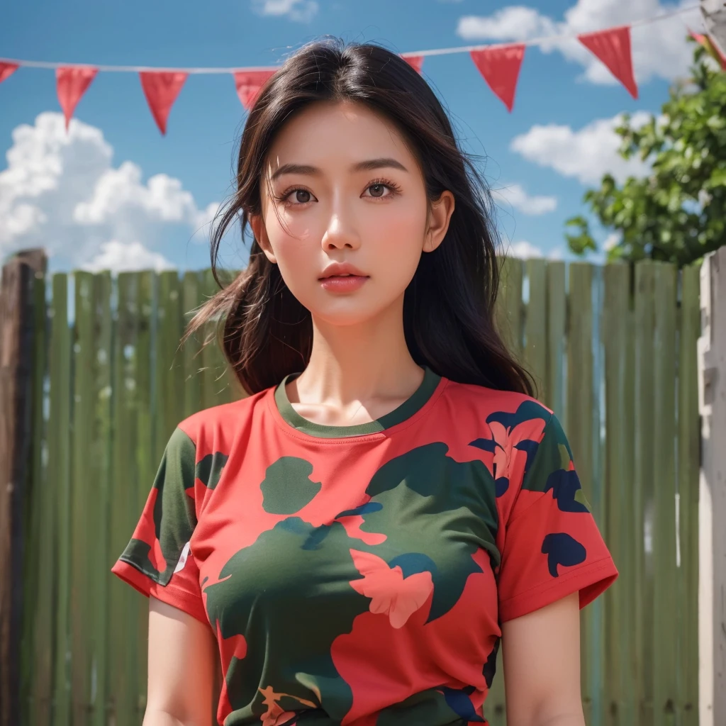 "Create realistic digital images of,Asian woman with a round face, Glowing Pink Body , Red cheeksอมชมพู, Black hair,Ponytail,A 2 meter long scissor baggy hair ,My hair flutters in the wind., Red cheeks,  wearing a blue-white camouflage T-shirt ,  with black lettering. The scene is outdoor, with a green background, and she is standing in front of a fence or a wooden wall. The atmosphere is serene and intimate by Natural light enhances the soft look and gives it a refreshing and approachable feel."High quality photos, 3d, 16k, Portrait photography, การถ่ายmovies, movies, 