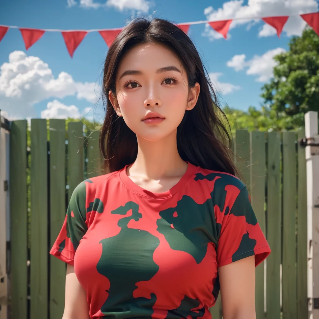 "Create realistic digital images of,Asian woman with a round face, Glowing Pink Body , Red cheeksอมชมพู, Black hair,Ponytail,A 2 meter long scissor baggy hair ,My hair flutters in the wind., Red cheeks,  wearing a blue-white camouflage T-shirt ,  with black lettering. The scene is outdoor, with a green background, and she is standing in front of a fence or a wooden wall. The atmosphere is serene and intimate by Natural light enhances the soft look and gives it a refreshing and approachable feel."High quality photos, 3d, 16k, Portrait photography, การถ่ายmovies, movies, 