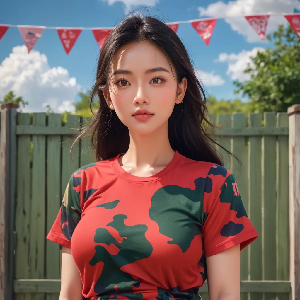 "Create realistic digital images of,Asian woman with a round face, Glowing Pink Body , Red cheeksอมชมพู, Black hair,Ponytail,A 2 meter long scissor baggy hair ,My hair flutters in the wind., Red cheeks,  wearing a blue-white camouflage T-shirt ,  with black lettering. The scene is outdoor, with a green background, and she is standing in front of a fence or a wooden wall. The atmosphere is serene and intimate by Natural light enhances the soft look and gives it a refreshing and approachable feel."High quality photos, 3d, 16k, Portrait photography, การถ่ายmovies, movies, 