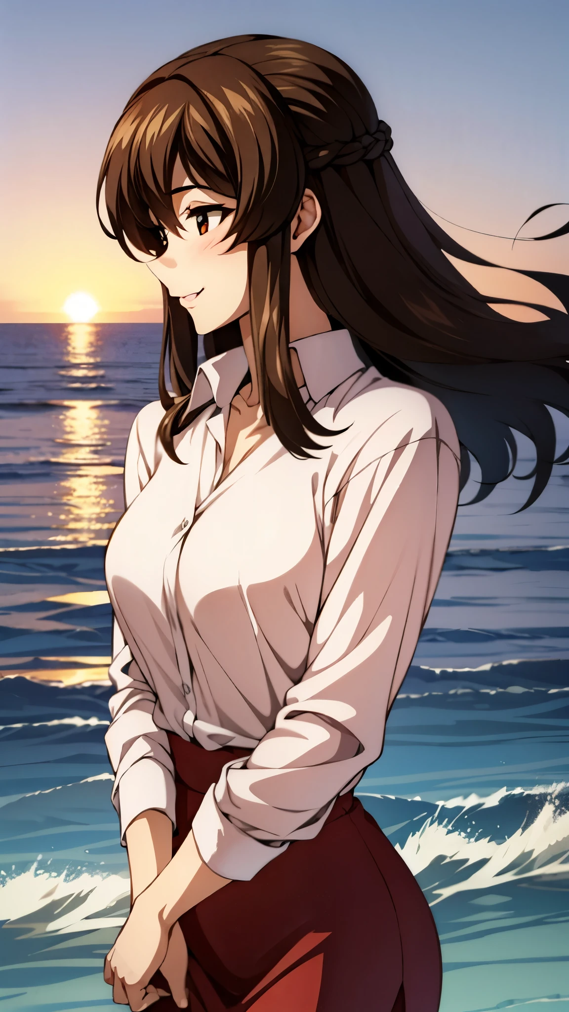 （super high quality, super high resolution ,16k,super masterpiece,Ultra HD ,Detailed shading and background,）Upper body photo,One sexy mature woman,long brown hair ,（Long-sleeved pink shirt unbuttoned and unfolded, red pencil skirt,）Open your lips a little,smile,blush, ocean background with a view of the sunset,Hair lifted by the wind,Hold your hair with your hands,