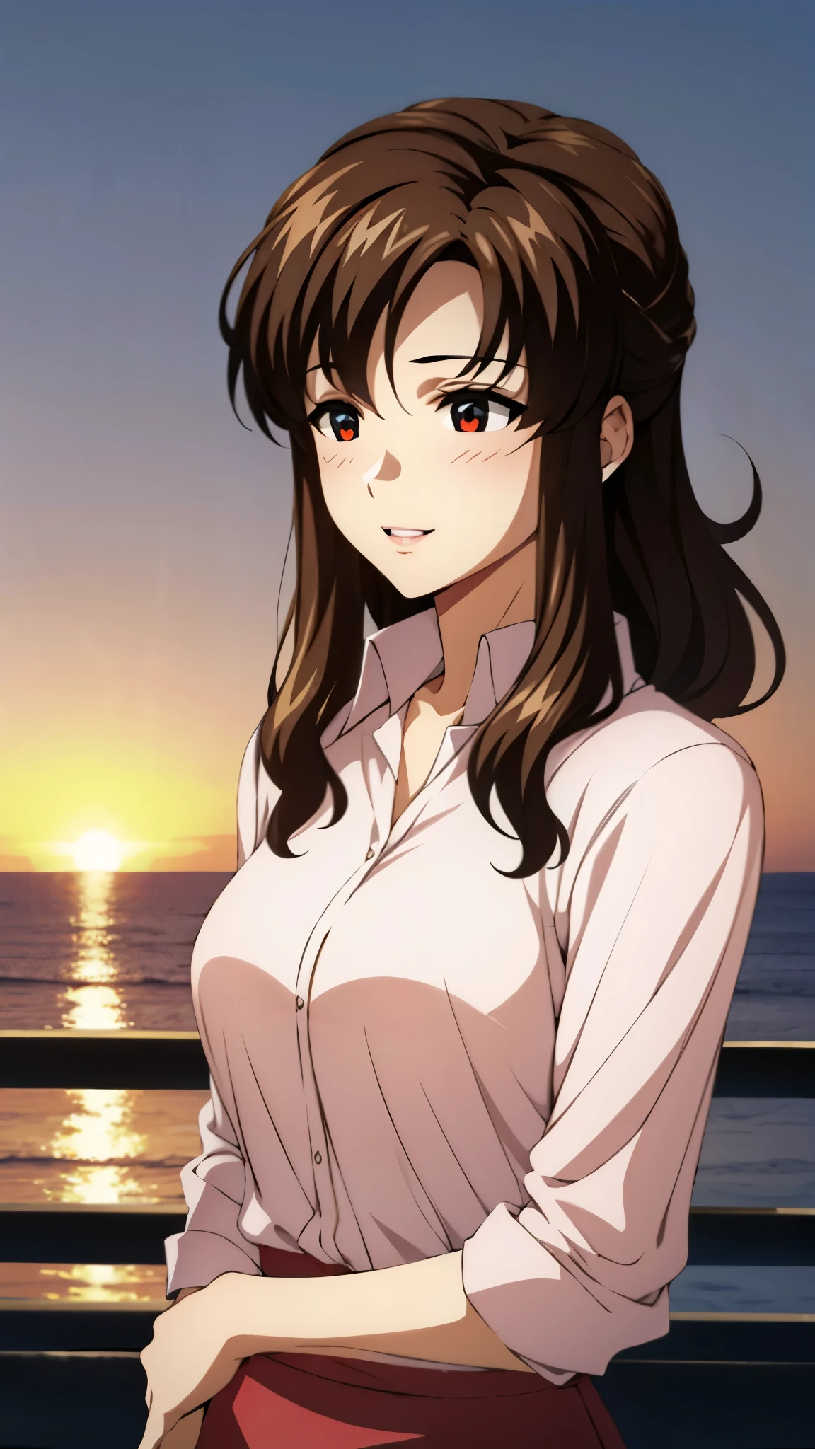 （super high quality, super high resolution ,16k,super masterpiece,Ultra HD ,Detailed shading and background,）Upper body photo,One sexy mature woman,long brown hair ,（Long-sleeved pink shirt unbuttoned and unfolded, red pencil skirt,）Open your lips a little,smile,blush, ocean background with a view of the sunset,Hair lifted by the wind,Hold your hair with your hands,