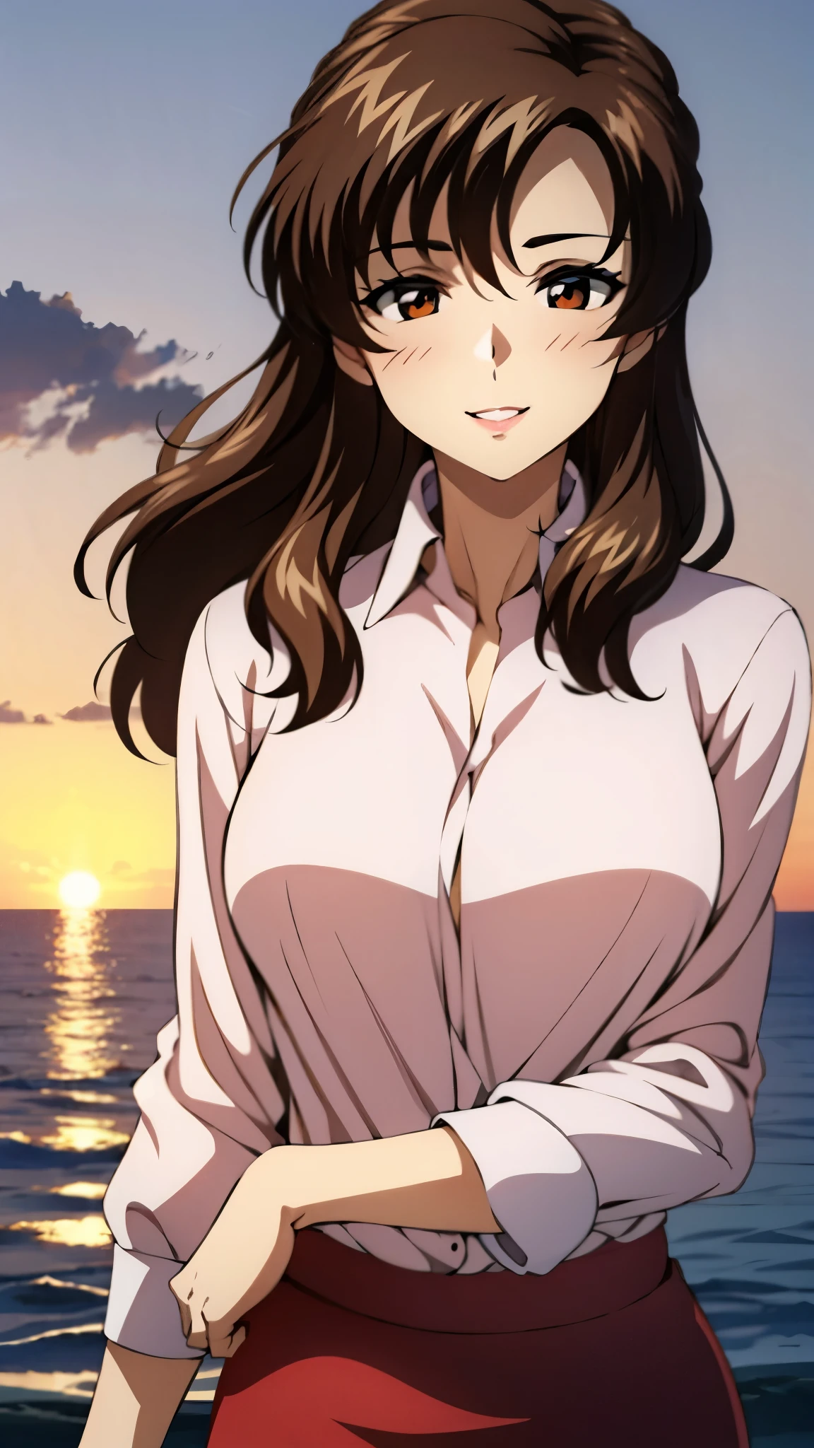 （super high quality, super high resolution ,16k,super masterpiece,Ultra HD ,Detailed shading and background,）Upper body photo,One sexy mature woman,long brown hair ,（Long-sleeved pink shirt unbuttoned and unfolded, red pencil skirt,）Open your lips a little,smile,blush, ocean background with a view of the sunset,Hair lifted by the wind,Hold your hair with your hands,